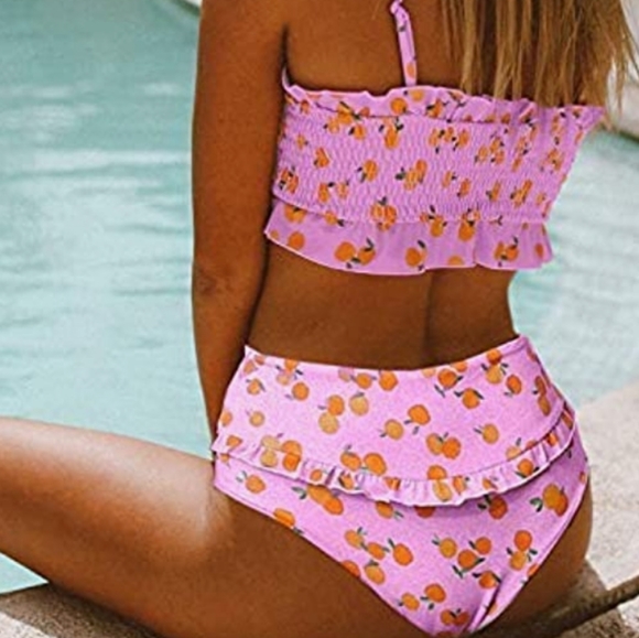 Pink 2PC Bandeau Bikini Off Shoulder High Waist Bathing suit - Picture 2 of 6